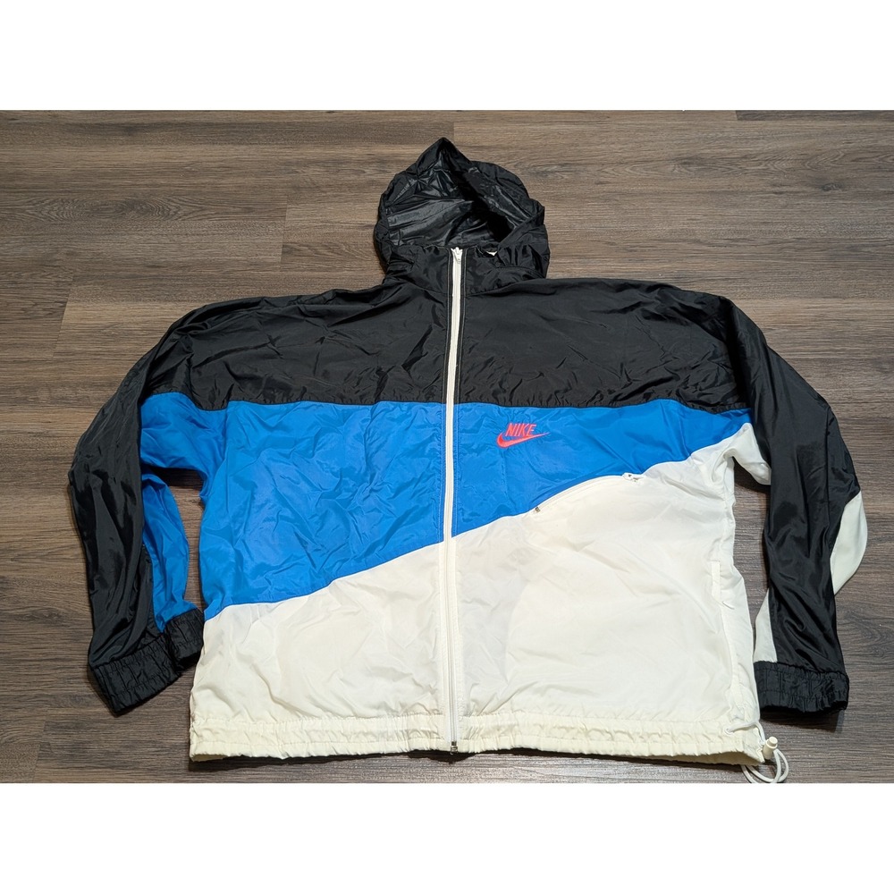 Nike Windbreaker Jacket Mens XL Black Blue White Colorblock Full Zip Hooded